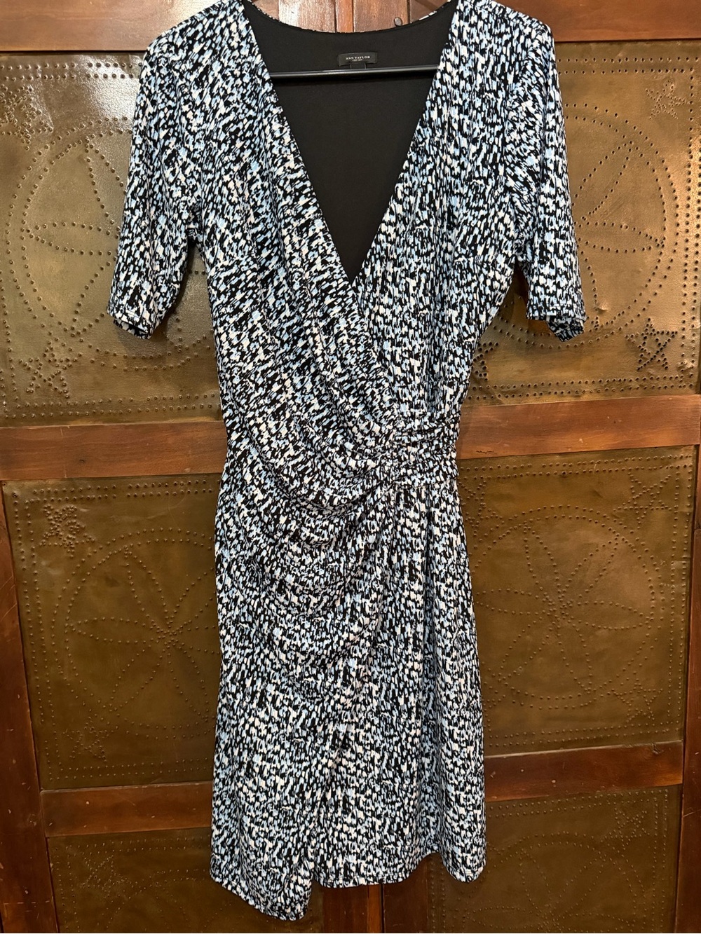 Ann Taylor Black, Blue and White Printed Wrap-Style Dress